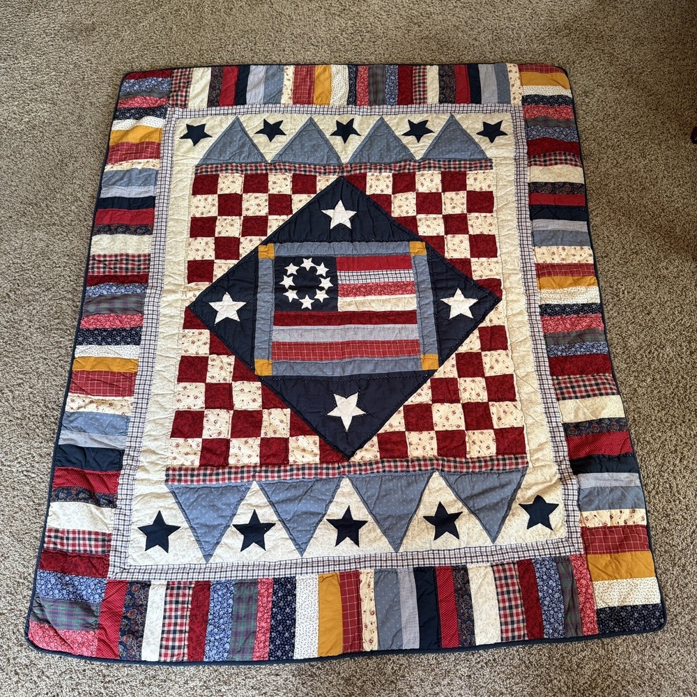 Vintage Patriotic Americana Quilt Betsy Ross Flag Stars 50 x 60 Folk Art